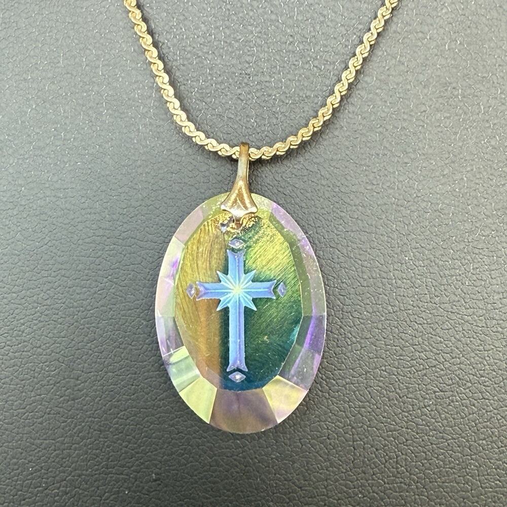 Aurora Borealis Rainbow Etched Cross Faceted Pendant 15” Necklace Vintage